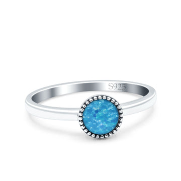 Petite Dainty Lab Opal Ring Solid Round Oxidized Lab Created Blue Opal 925 Sterling Silver